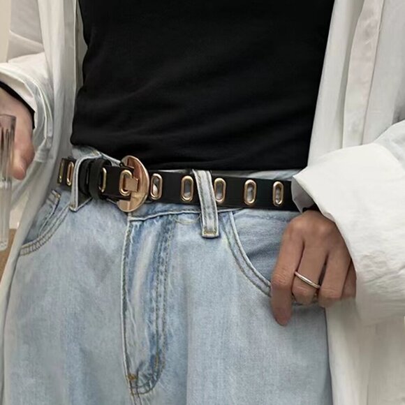 Black casual  Women\'s Studded Hollow Out Buckle Belt main image 4
